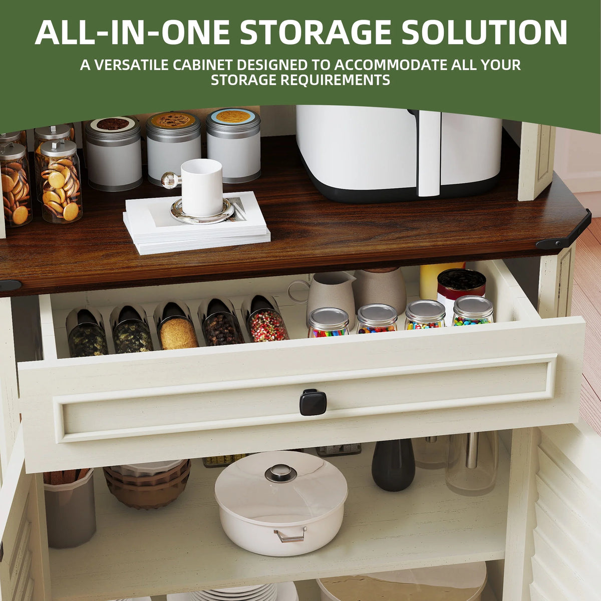 Uforic Kitchen Pantry Storage Cabinet with Microwave Stand & Drawer & Doors, White