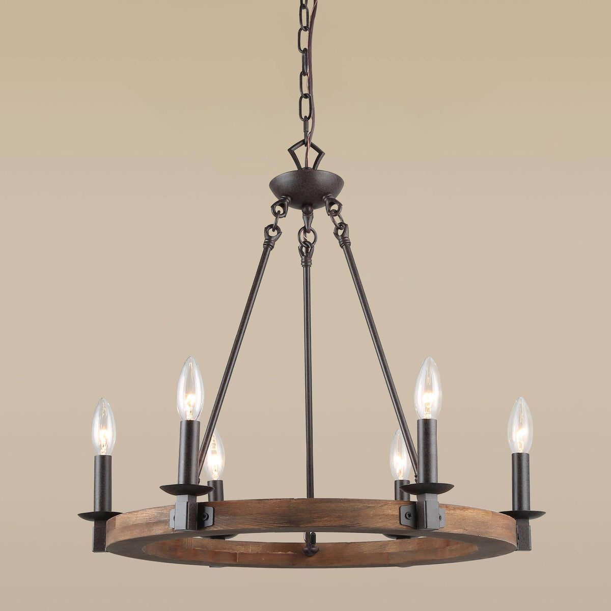 LNC 6-Light Distressed Brown and Bronze Wagon Wheel Farmhouse Chandelier