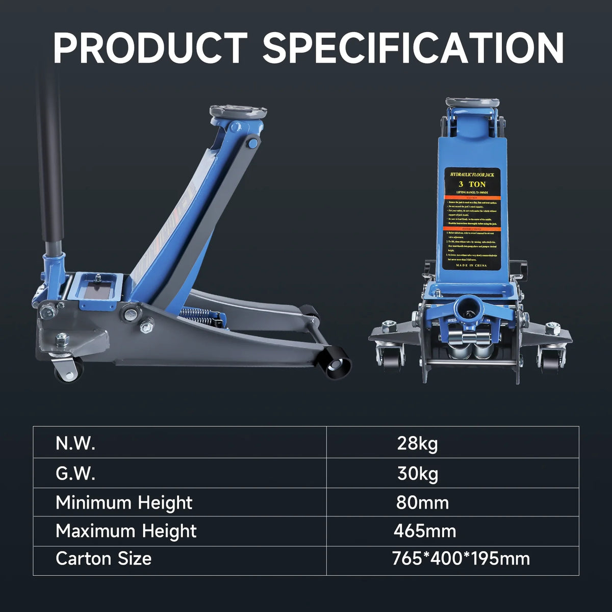 3 Ton Heavy Duty Floor Jack, Fast Lift & Stable Support, Carbon Steel Automotive Jack with Wheels, Max Lift 18.15" for Car and Truck Repair, Blue
