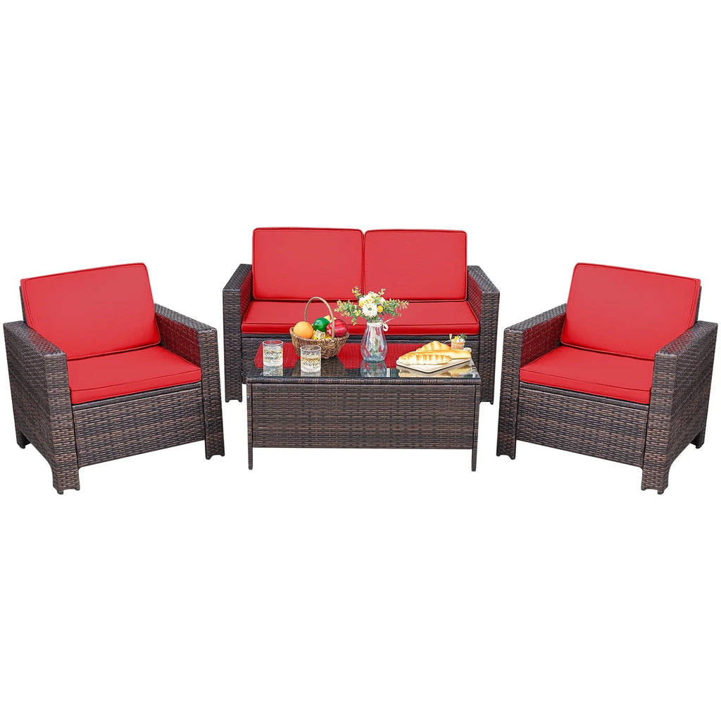 Lacoo 4 Pieces Patio Furniture Sets Rattan Chair Wicker Conversation Sofa Set Outdoor Tble and Chairs for Backyard Porch Garden Poolside Balcony, White