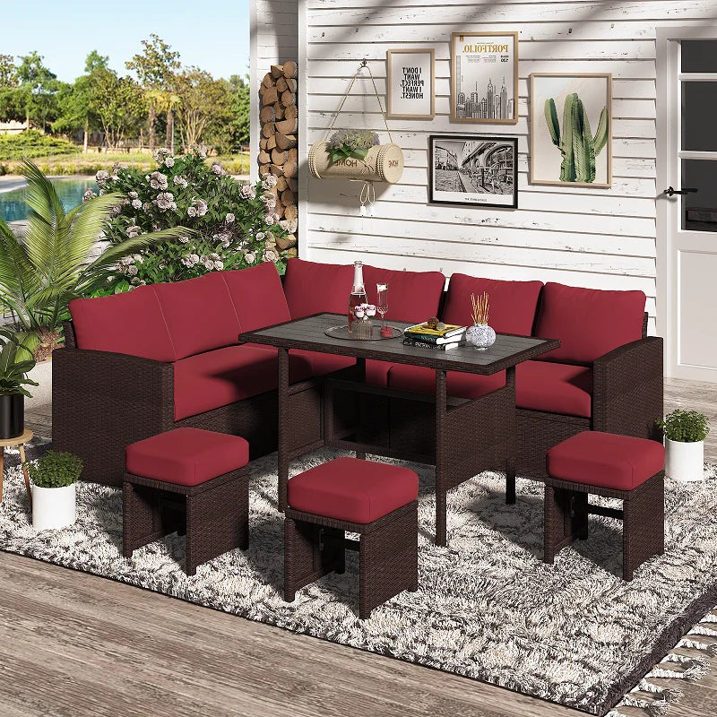 AECOJOY 7 Piece Patio Furniture Set PE Rattan Outdoor Dining Set Sectional Sofa Couch with Table Patio Conversation Set in Gray