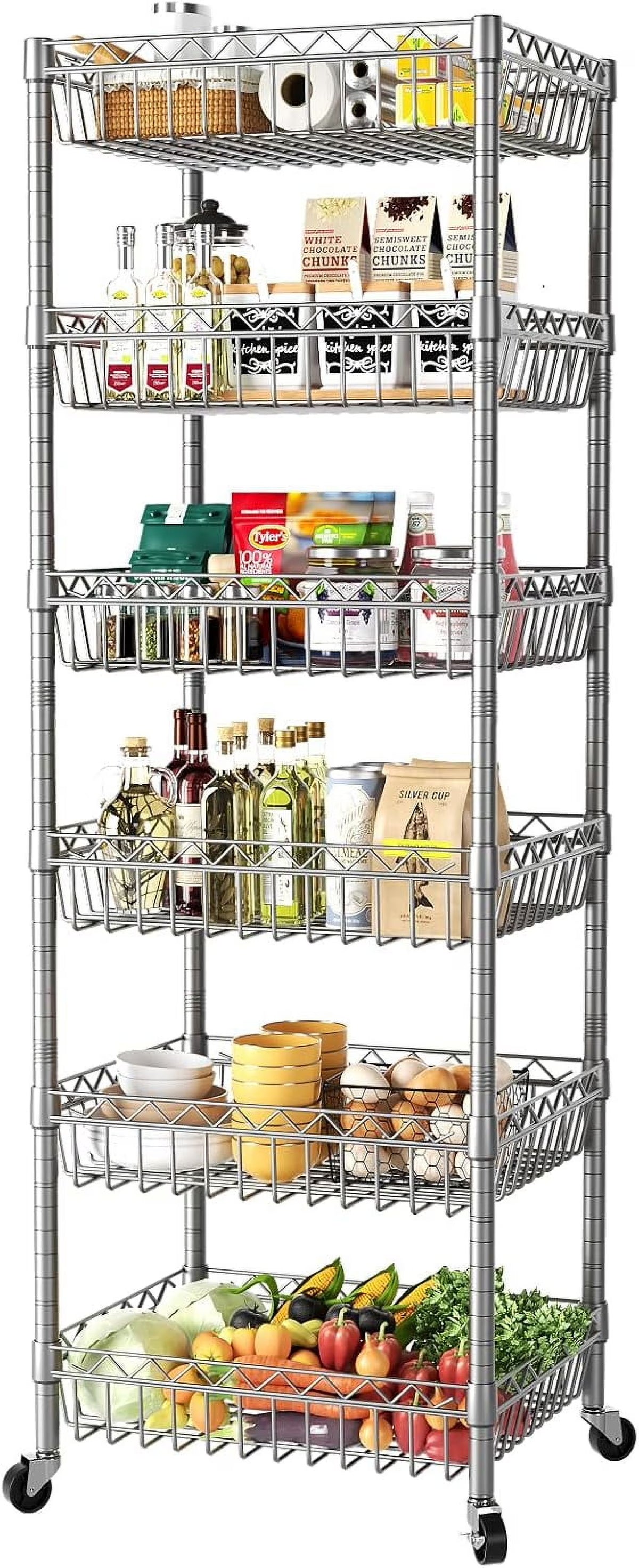 6 Tier Wire Shelving Unit with Wheels Baskets Storage Rack Corner Shelves Adjustable Shelf Closet Bathroom Organizers Metal Pantry Kitchen Garage Laundry Room 13.5" D x 13.5" W x 63" H Silver