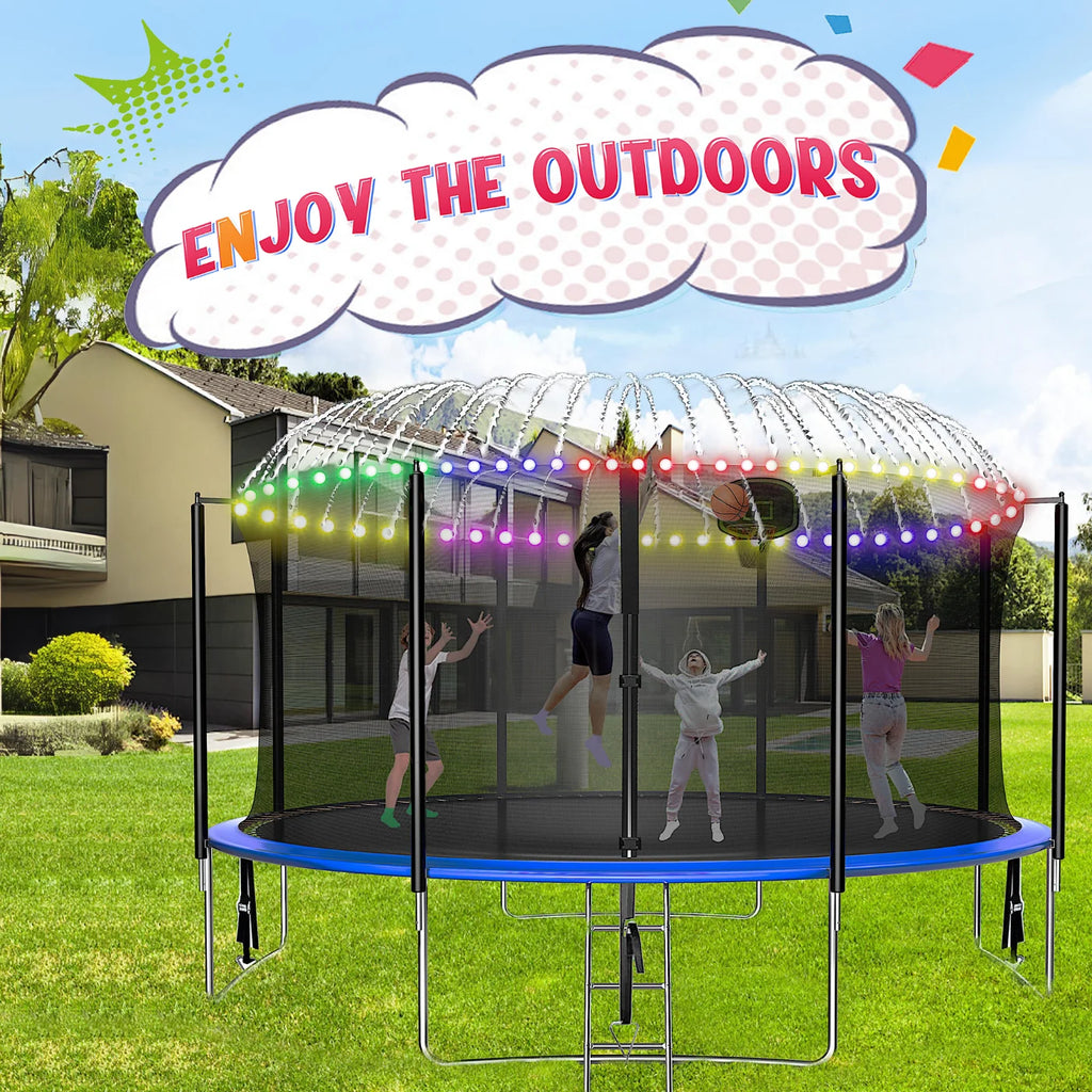 Fiziti Trampoline with Basketball Hoop & Enclosure, 2000lbs 12FT 14FT 16FT Trampoline for 6-8 Kids and Adults, Outdoor Backyard Trampoline with Light,Hose,Ladder, Socks