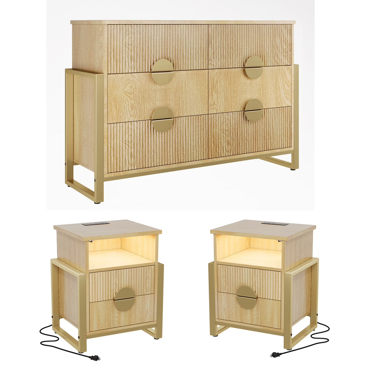 LGHM 3 Piece Bedroom Dresser and Nightstand Set, Fluted Wide Chest of Drawers, Bed Side Table End Table with LED Lights for Living Room, Black