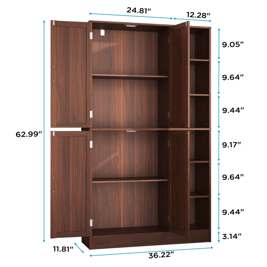 63" Tall Kitchen Pantry, Kitchen Pantry Cabinet with 4 Doors and Adjustable Shelves, Storage Cabinet for Dining Room, Laundry Room, Oak