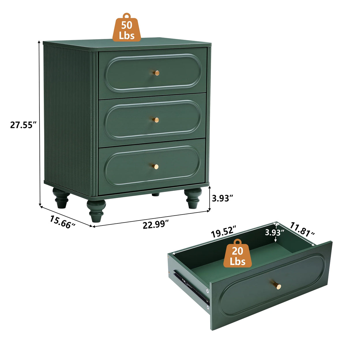YOCWO 3 Drawer Nightstand, Classic Chest of Drawers with Arc Edge, Walnut