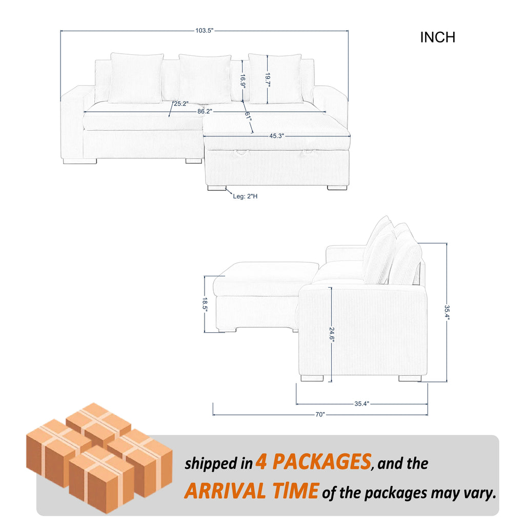 Gewnee 103.5-Inch Modular Corduroy Sofa Set with Solid Wood Legs, High-Density Foam, Suitable for Living Room/Bedroom/Office