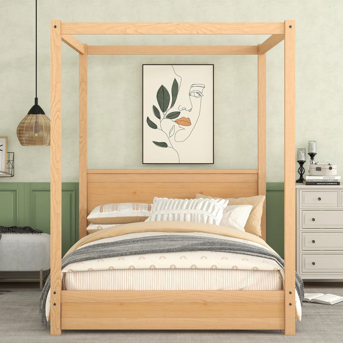 Modern Full Size Canopy Platform Bed with Headboard and Support Legs,Natural