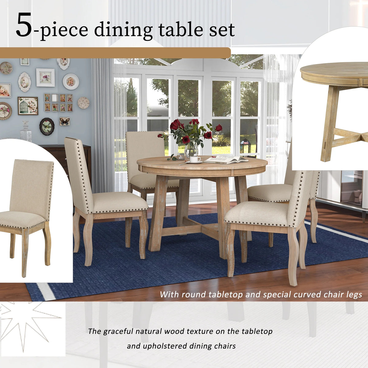 Sumdeal 5-Piece Farmhouse Dining Table Set, Wood Round Extendable Dining Table and 4 Upholstered Dining Chairs (Espresso-1Table 4 Chairs)