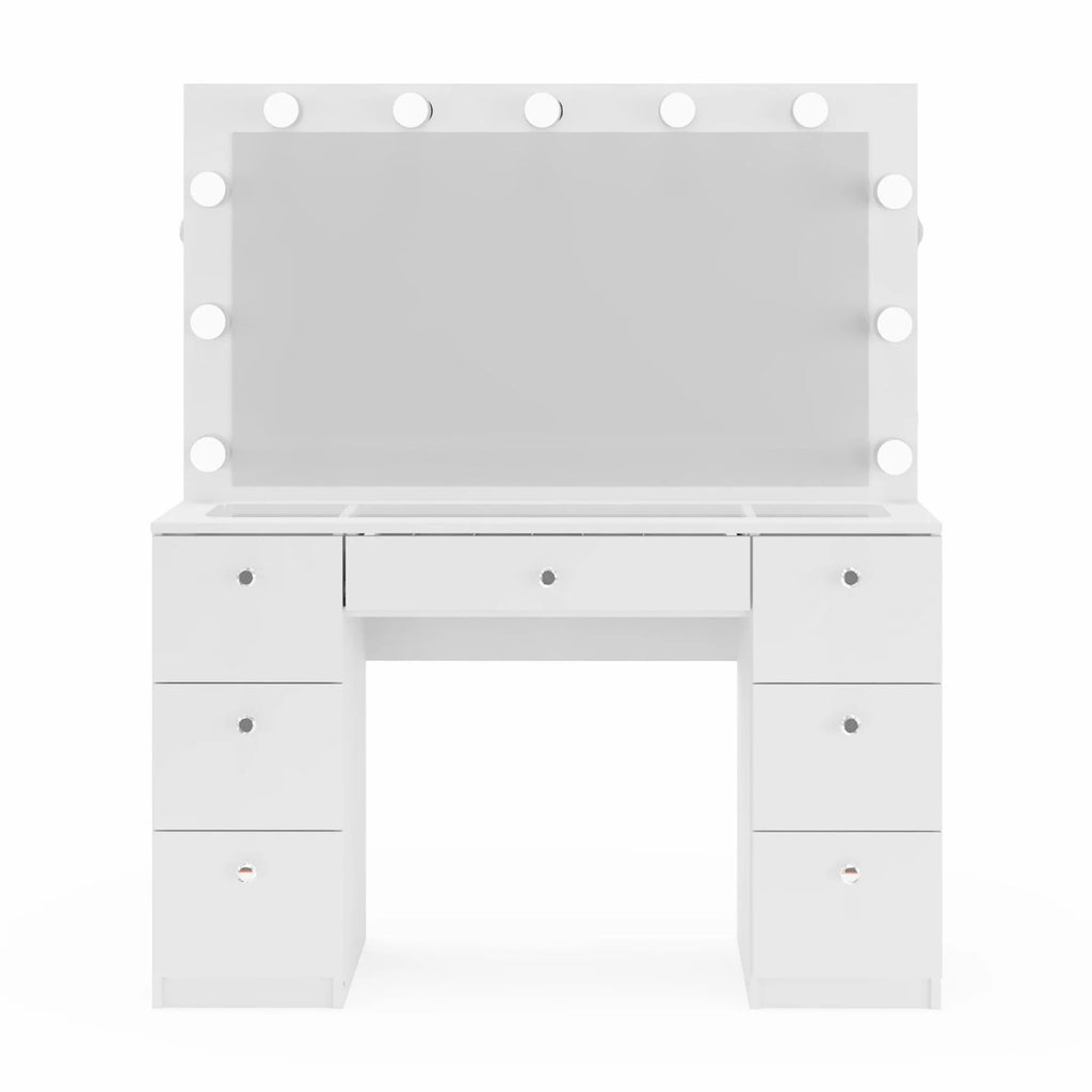 Ember Interiors Ibbie White Makeup Vanity with Glass Top, Lights, Charging Station