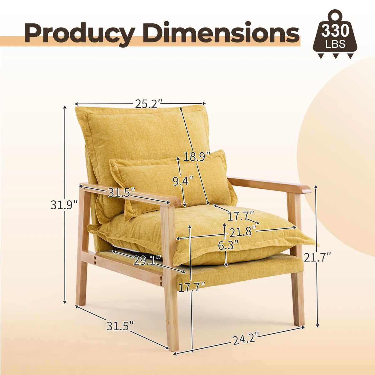 Ktaxon Chenille Accent Chair, Solid Wood Armrests Armchair, Metal Frame for Stability, Single Sofa with Comfortable Cushions and Lumbar Pillow Beige