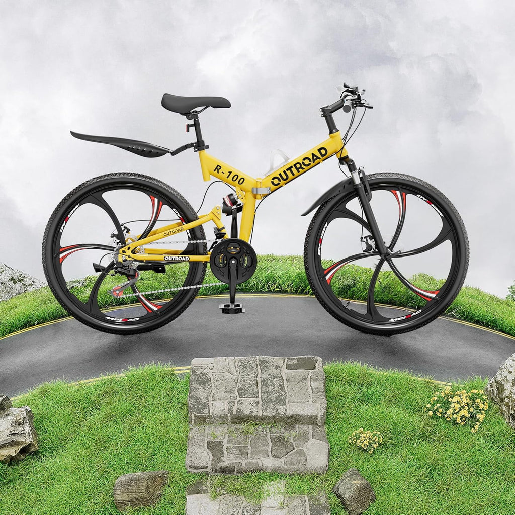 SUNCROWN 26 Inch Folding Mountain Bike, 21 Speed Full Suspension High-Carbon Steel MTB Foldable Bicycle, Dual Disc Brake Non-Slip Folding Bikes for Adults/Men/Women, Black