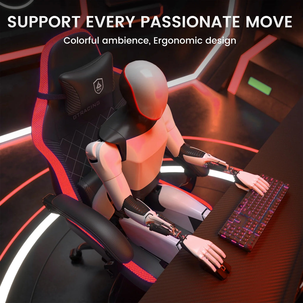 GTRACING RGB Ergonomic Gaming Chair with Massage, LED Lights, Footrest, Lumbar Support and Backrest, Black