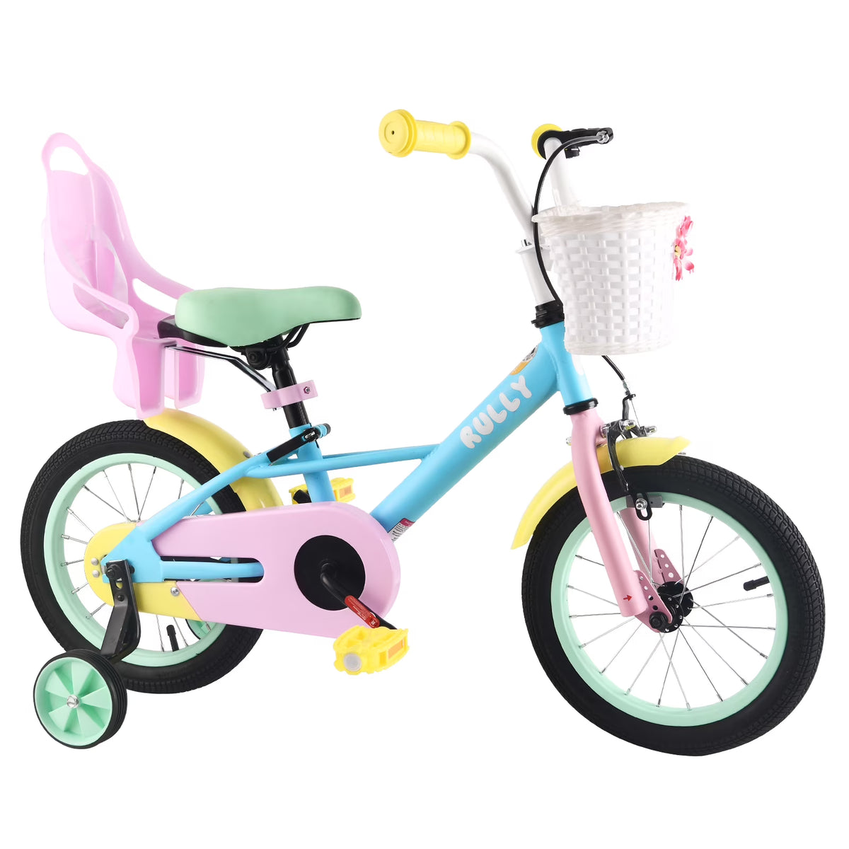 RULLY 14" Kids Bike for 3 4 5 Years Girls 35-47 inch Tall, Girls Toddler Bicycle with Training Wheels, Doll Bike Seat & Coaster Brake, Rainbow Bike, Macarons