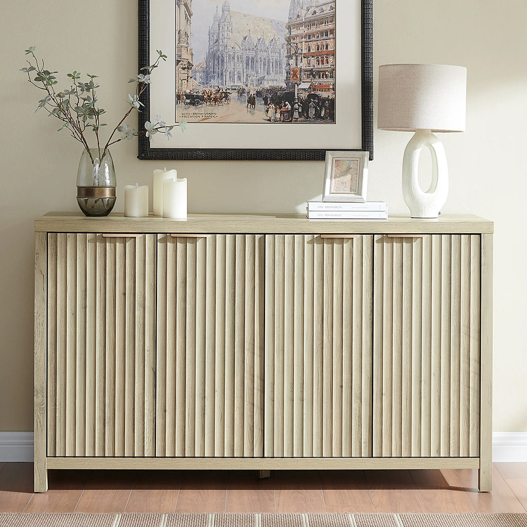 OAKHAM Fluted Sideboard Buffet Cabinet with 4 Doors, Storage Credenza with Adjustable Shelves, Modern Accent Cabinet Console, Sunwashed Ash Oak