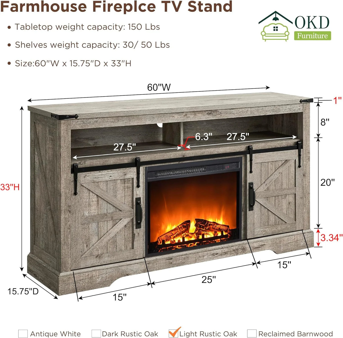 OKD Farmhouse Fireplace TV Stand up to 70", Entertainment Center with 23" Fireplace & Open Storage Shelves for Living Room, Antique White
