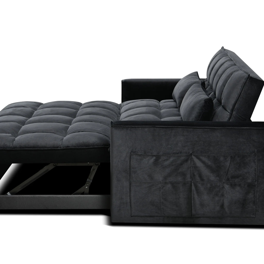 BINBANK Black Velvet 3-in-1 Convertible Sleeper Sofa Bed a?? USB Charging, Adjustable Backrest Pull-Out Futon Loveseat Couch for Living Room, Apartment & Small Space