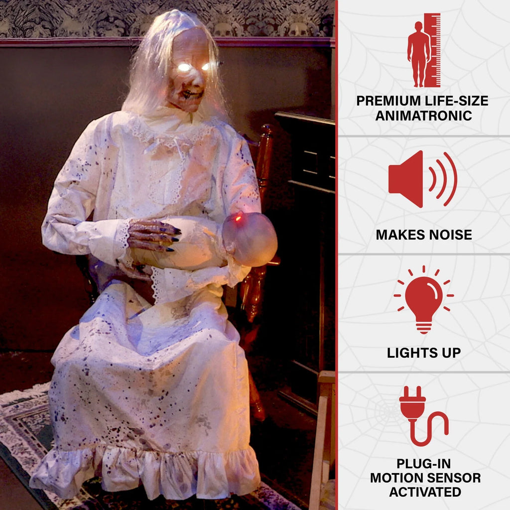 Haunted Hill Farm 2.9 ft Animatronic Gravely Granny by Tekky Halloween Decoration with Motion-Activated Sounds, HHGRVLYGRNY-1FLSA