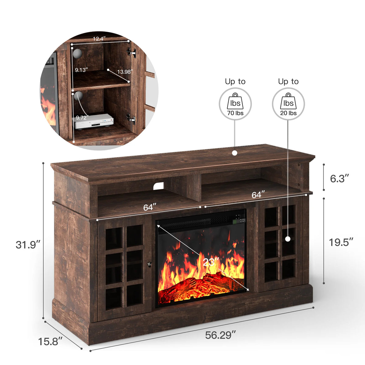 Electric Fireplace TV Stand for 75�� TVs Fireplace Entertainment Center TV Console Table with 23�� Fireplace, Holds up to 200 lbs