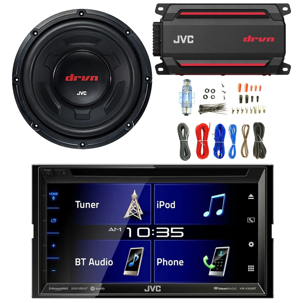 JVC KW-V350BT Double DIN AM/FM Radio Bluetooth CD/DVD Player Receiver Bundle Combo with 12" 1800W Peak Power Car Audio Subwoofer, 600W Max Power Waterproof Digital Mono Amplifier, Amp Wiring Kit