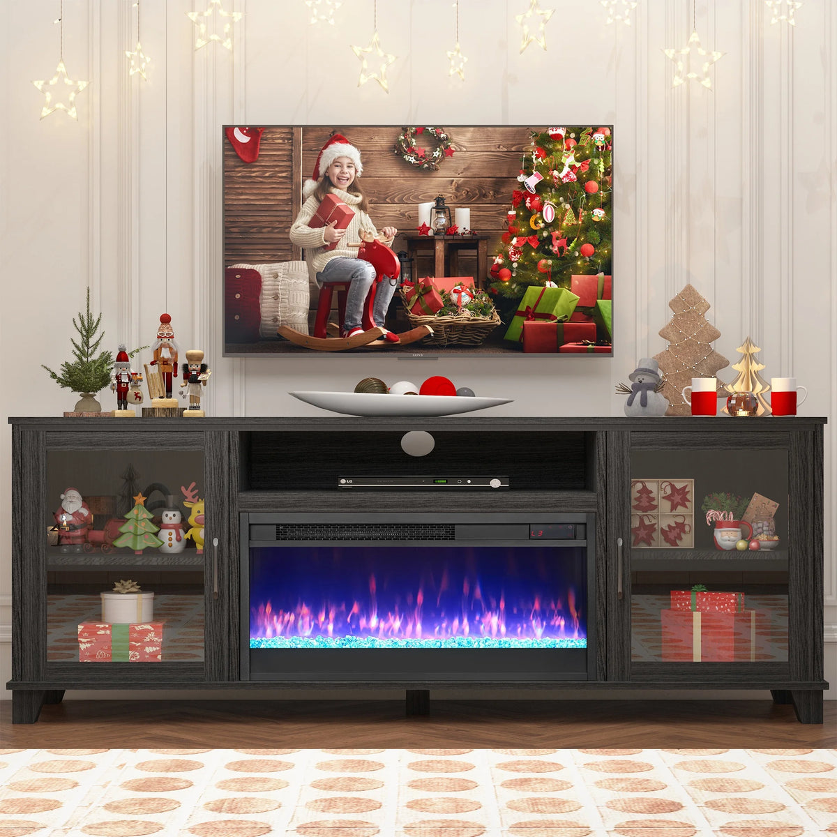 SESSLIFE Fireplace TV Stand for 65 Inch TV, TV Console with 23''Electric Fireplace, Console Entertainment Center Television Table for Living Room or Bedroom, Brown