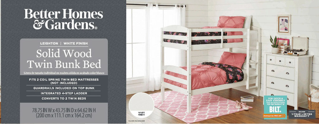 Better Homes & Gardens Leighton Solid Wood Twin-over-Twin Convertible Bunk Bed, Vanilla