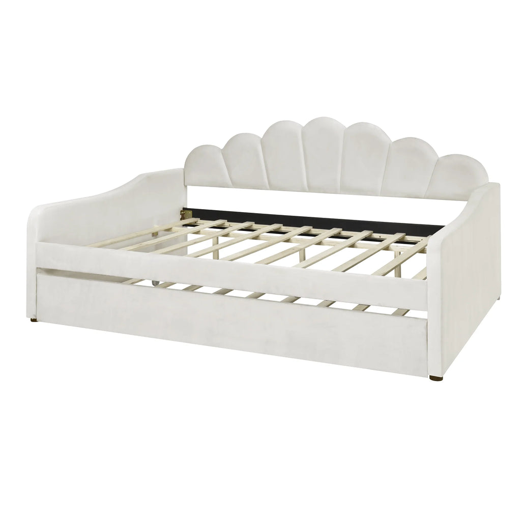 EUROCO Upholstery Full Size Platform Bed, Upholstered Daybed with Headboard and Trundle, Beige