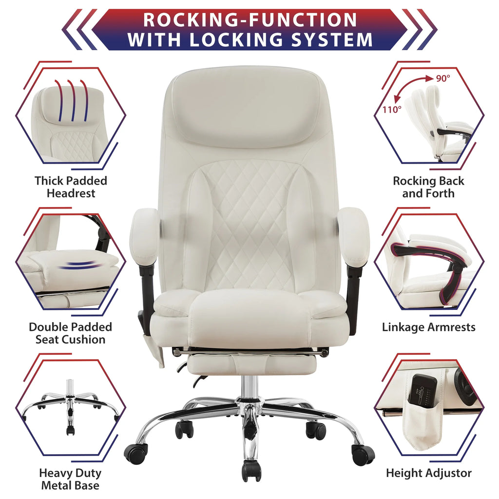 JONPONY Big and Tall Office Chair 500LBS Executive Office Chair Massage and Footrest Ergonomic Computer Desk Chair Reclining High Back Leather Office Chair Lumbar Back Support Swivel Rolling,Black
