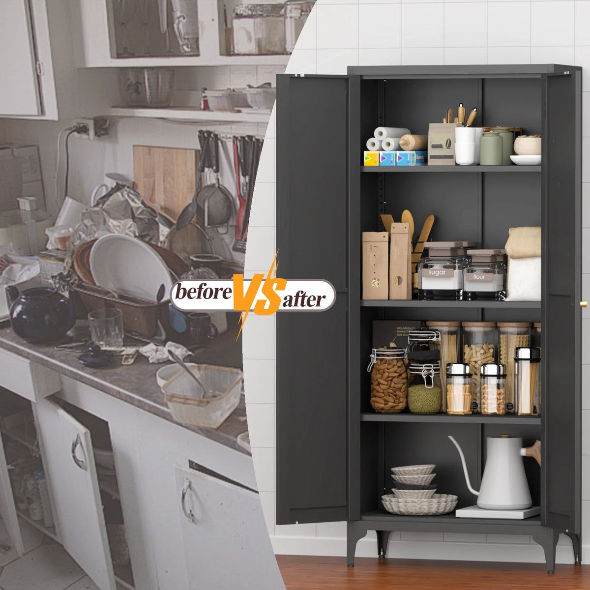 Aukfa 71" Freestanding Kitchen Pantry Storage Cabinet with 4 Adjustable Shelves, Metal Food Pantry Cupboard for Kitchen/Garage/Office, White
