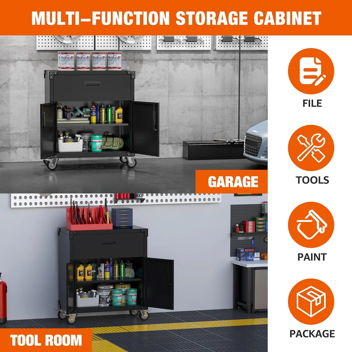 Aobabo Metal Storage Cabinet with Lock,Garage Storage Cabinet with Wheels,72In Steel Storage Cabinet for Garage Home Storage, Black Required-Assembly