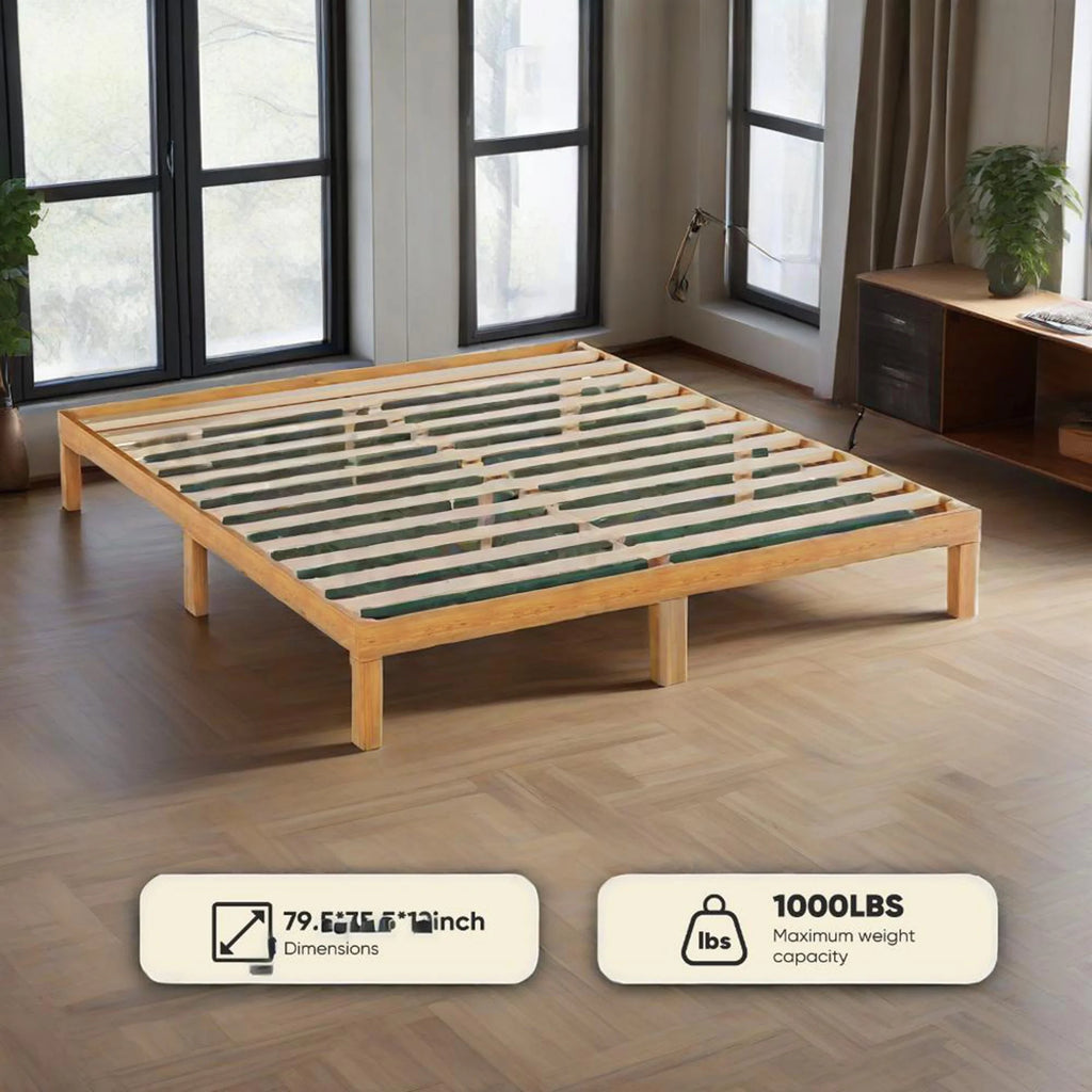 MCQ Full Size Wood Bed Frame, 12in Wooden Platform Bed Frame with Support Slats, No Spring Needed, Storage Space Under Base, Natural Pine