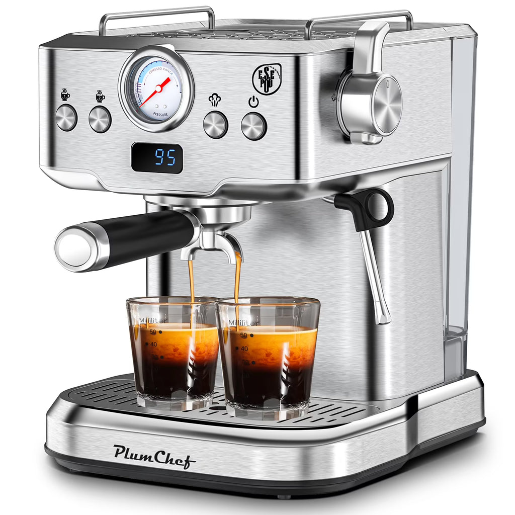 Plum Chef Espresso Machine 20 Bar Coffee Makers, Cappuccino Machine with E.S.E Pod & Pressure Gauge for Home, 1.8L Water Tank, Stainless steel, Silver