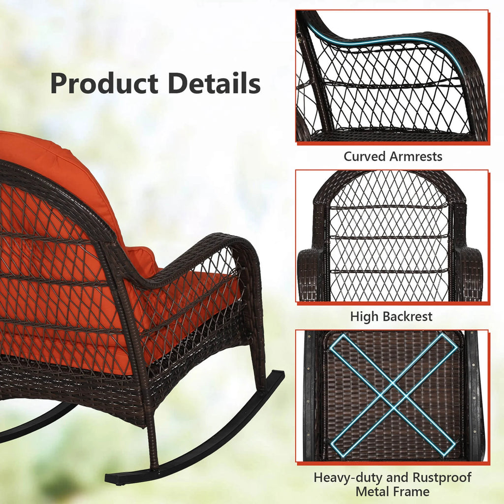 Costway Patio Wicker Rocking Chair W/Seat Back Cushions & Lumbar Pillow Porch Off White