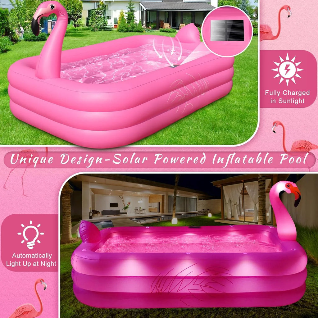 Inflatable Pool with Lights,  Solar Flamingo Swimming Pool for Kids,Adults Inflatable Blow up Pool, Large Kiddie Pool, Durable Thickened Inflatable Family Pool for Backyard,Outdoor,105"x65"x25"