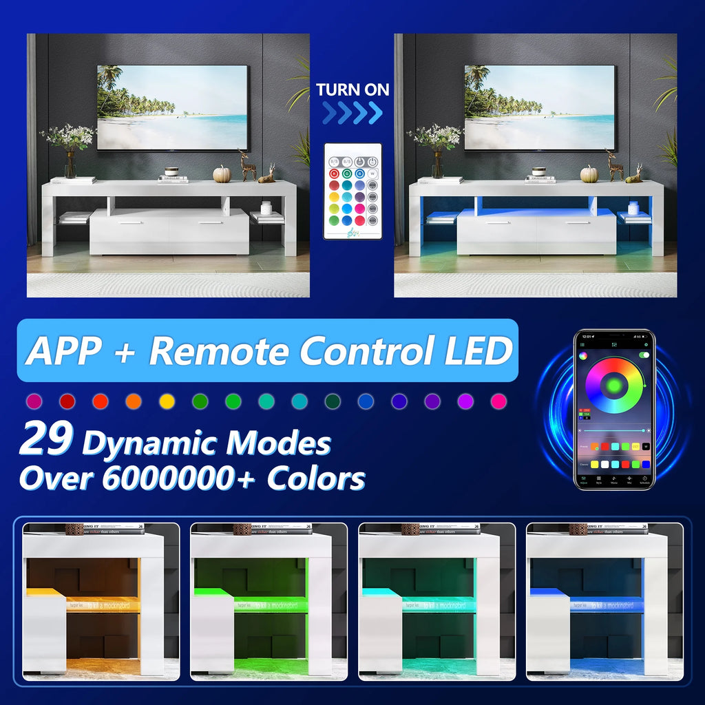 UHOMEPRO TV Stand for TV up to 70", Living Room Entertainment Center with RGB LED Lights and Storage Shelves Furniture, White High Gloss TV Cabinet Console Table