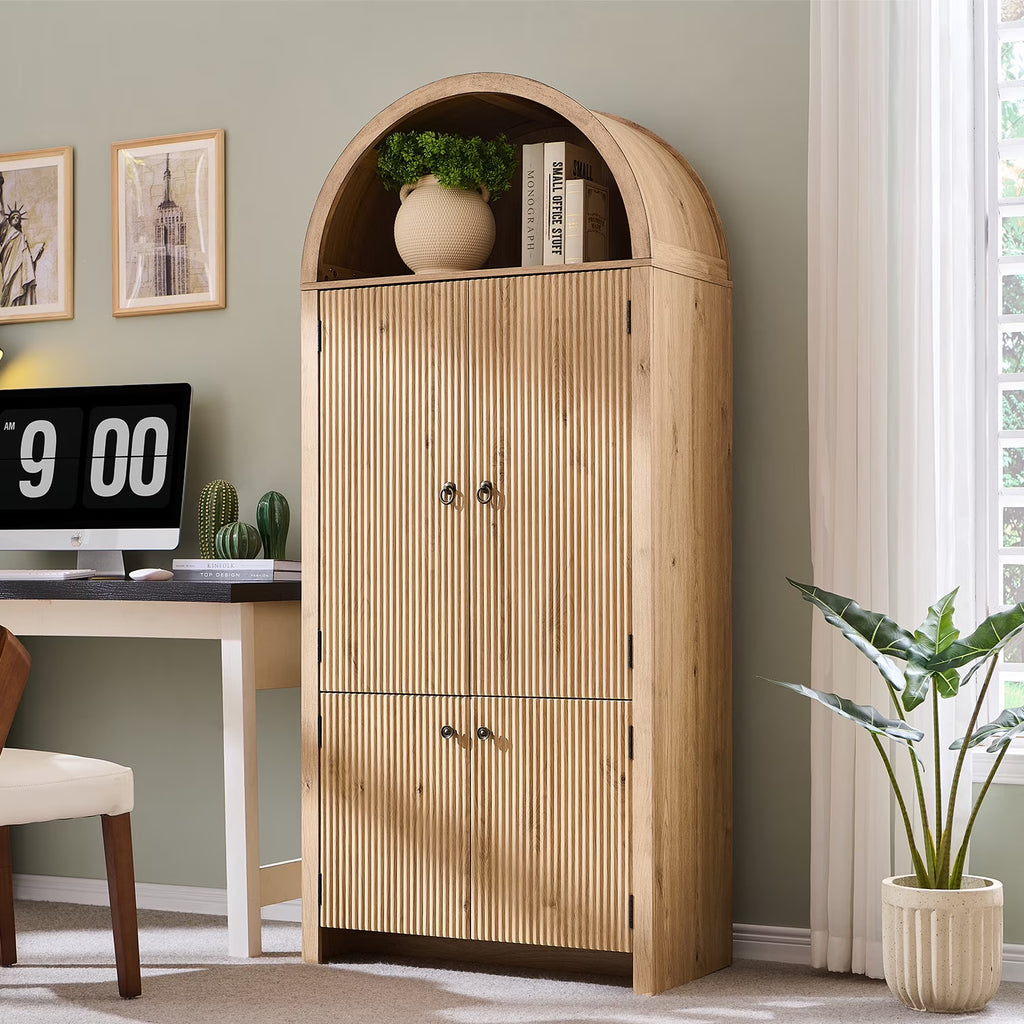 IFGET 71-Inch Arched 4-Tier Bookcase with Glass Doors and Drawers