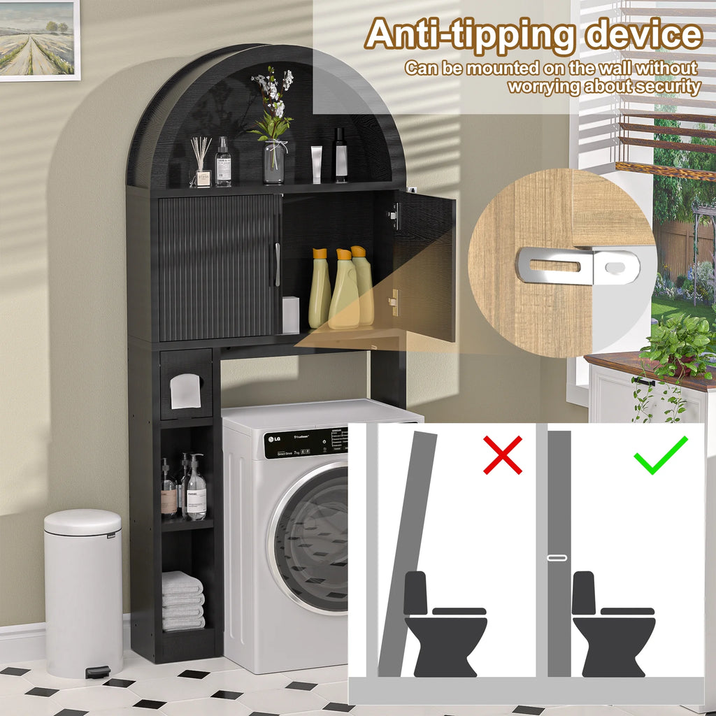 HARIPUL Over The Toilet Storage Cabinet w/ Unique Wood Grain & Arc Design, Freestanding Bathroom Shelf Organizer Space Saver w/ Doors & Anti-Tip Device, Wood Color