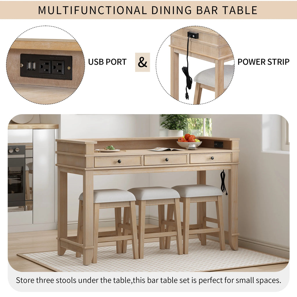 Harper & Bright Designs 4 Piece Bar Table Set for 4, Kitchen Dining Stools Set with 3 Upholstered Stools with 3 Drawers and USB Port, Gray