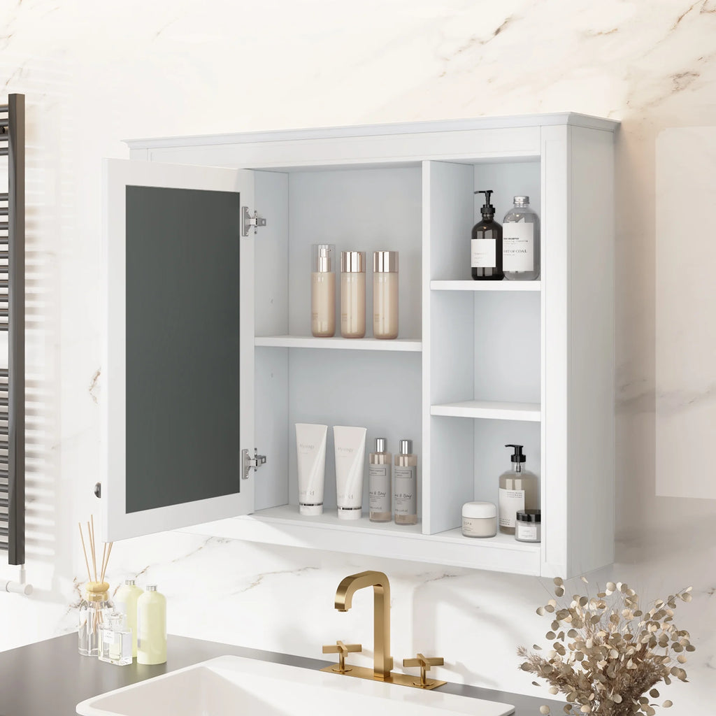 Furvclv Bathroom Wall Mirror Cabinet Modern Wall Mounted Cabinet Storage Organizer With Single Mirror Door 6 Open Shelves