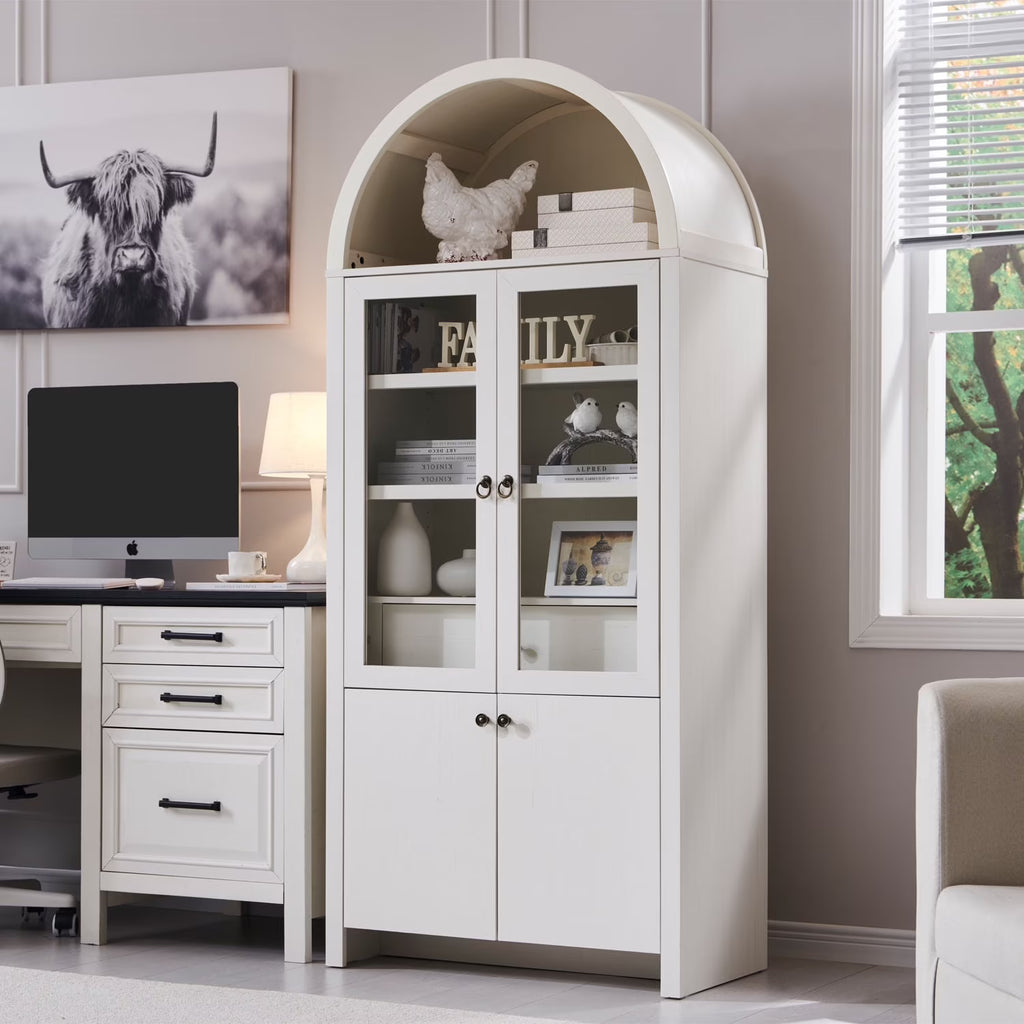 IFGET 71-Inch Arched 4-Tier Bookcase with Glass Doors and Drawers
