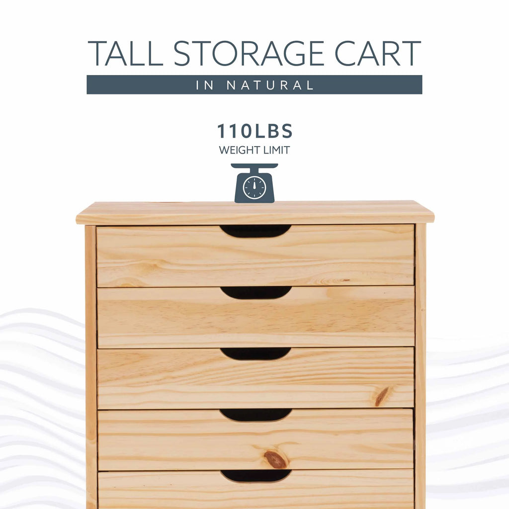 Linon Callie Eight Drawer Rolling Storage Cart in Natural Stained Wood