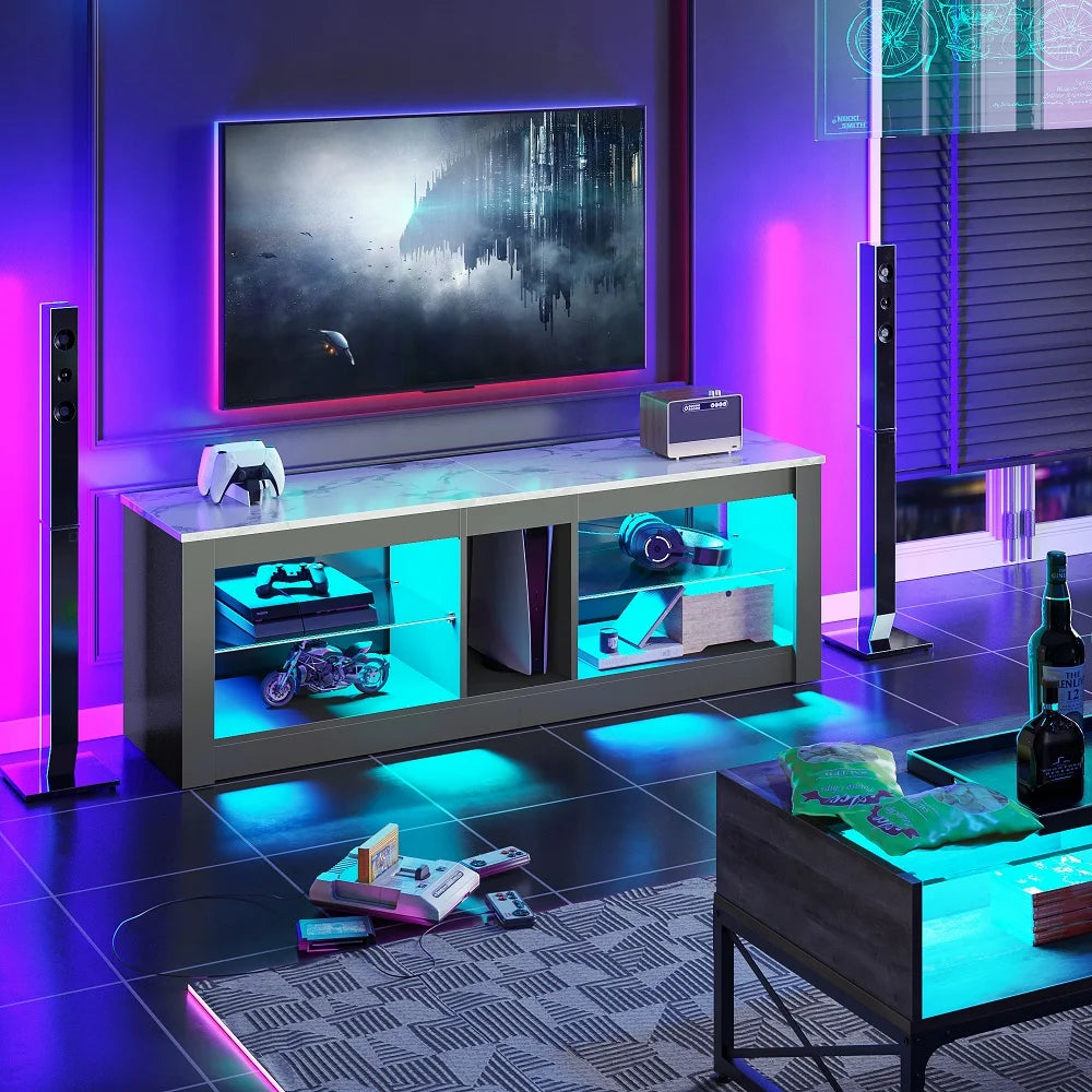 Bestier Entertainment Center with LED Lights TV Stand Media Console Table for TVs up to 60" in Light Grey