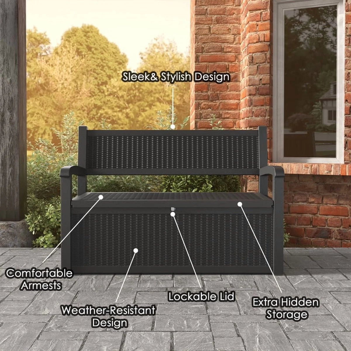 Bifanuo 70 Gallon Storage Bench Deck Box for Patio Furniture with Armrest Bench Outdoor Storage Water-Resistant Deck Box for Garden Tools,Pool Storage and Outdoor Cushions,Grey