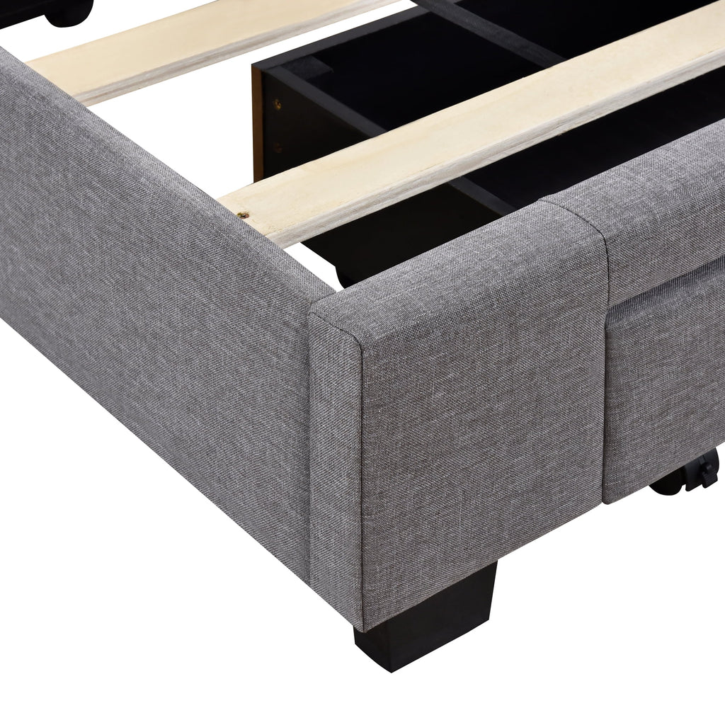 Sesslife Queen Bed Frame with Storage, New Upgraded Linen Upholstered Platform Bed with 3 Drawers, Queen Size Storage Bed with Headboard and Wooden Slats, No Box Spring Needed, Holds 500lbs, Beige