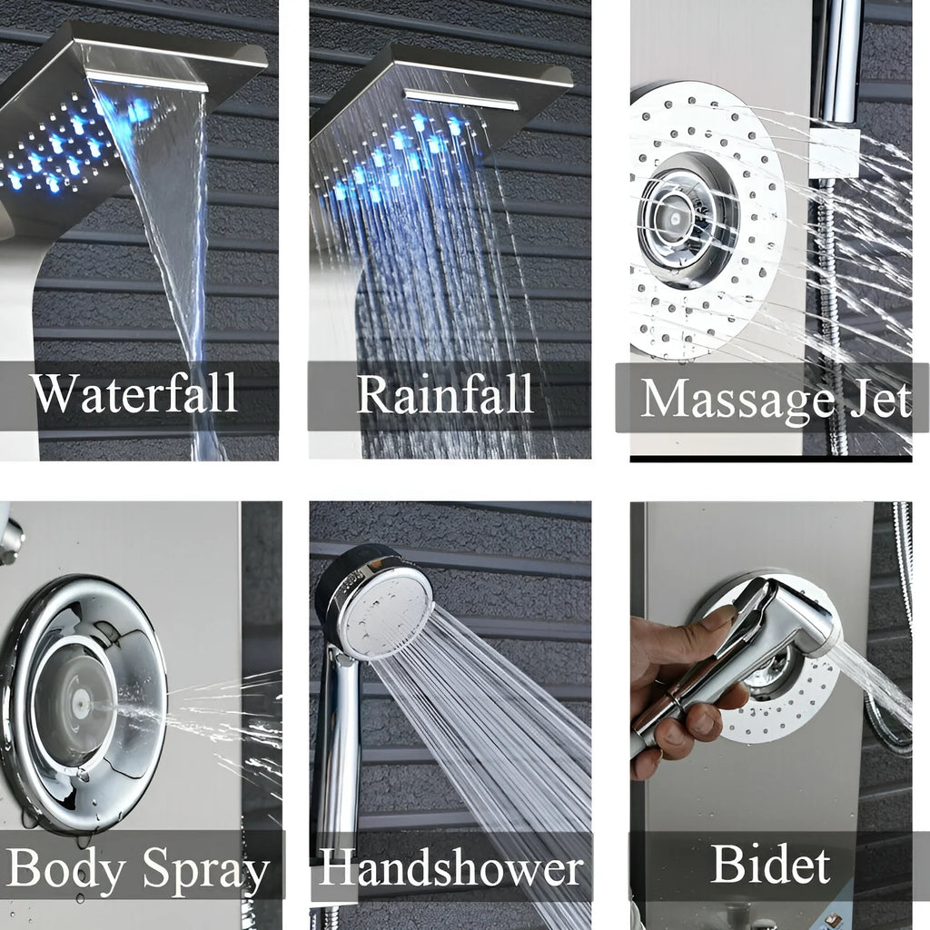Shower Panel Tower System LED Rain&Waterfall Massage Jet Sprayer Stainless Steel