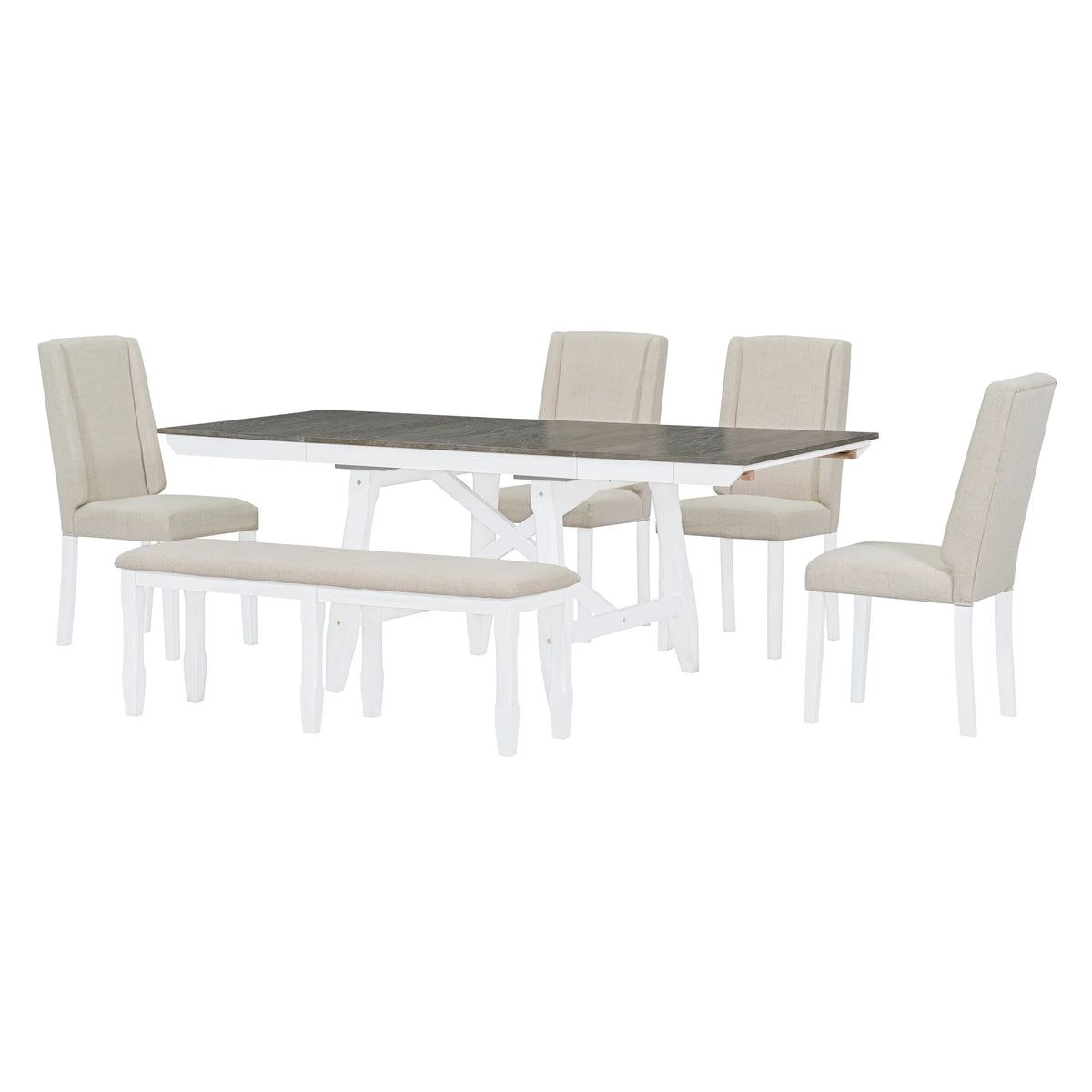 6 Piece Extendable Dining Table Set, Atumon Wood Dining Room Set for 6, Dining Table Set with 4 Beige Cushioned Chairs and Bench, Farmhouse Dining Table Set Furniture for Kitchen Dining Room, Natural