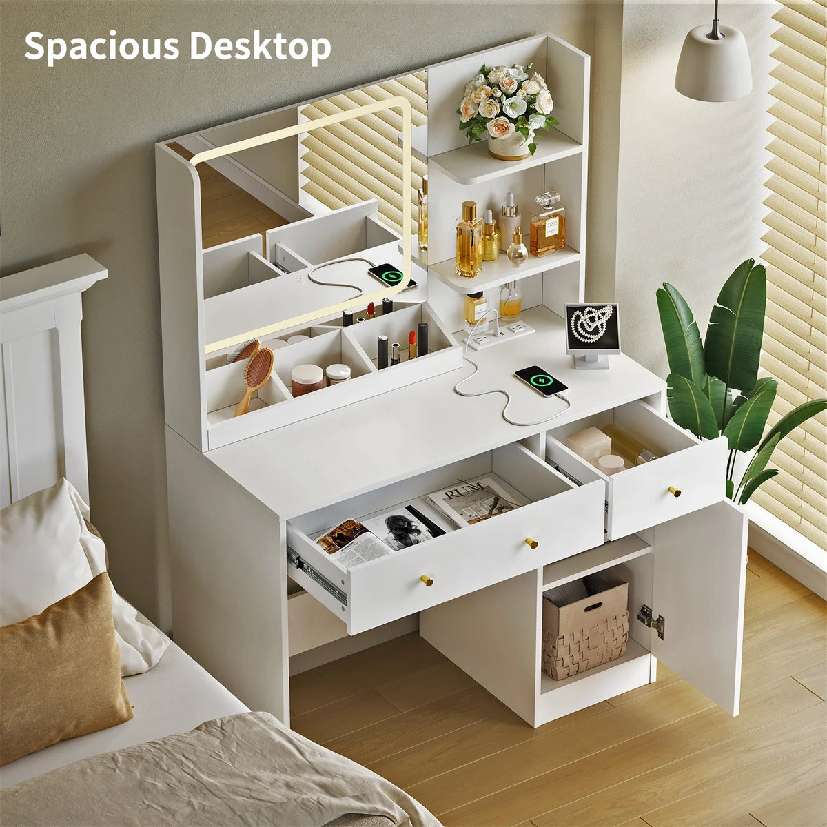 Fenbeli Vanity Set with Mirror and Lights, Makeup Vanity with 3 Drawers, Vanity Desk for Girls, Women, White