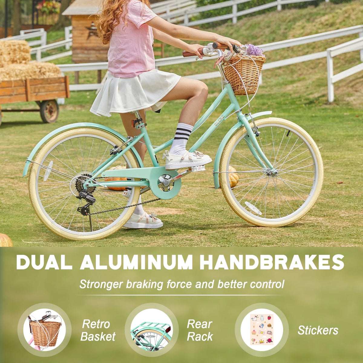 Glerc Missy 24" Girls Cruiser Bike 6-Speed Women's Hybird Bicycle for Ages 7-11 Years, Mint Green
