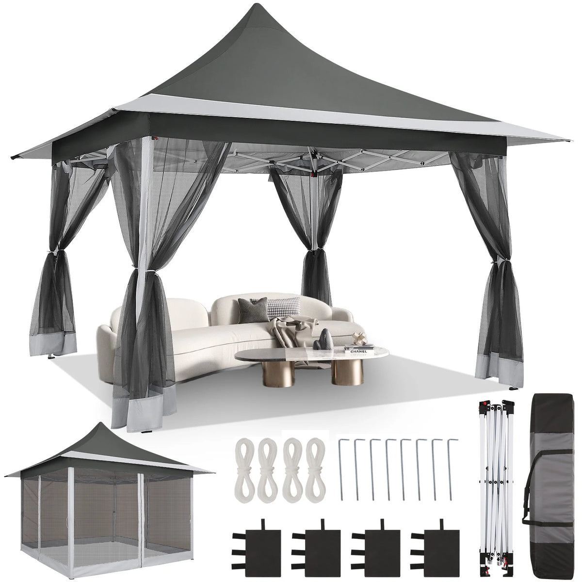 COBIZI 12x12 Outdoor Gazebo Pop Up Gazebo Canopy with Mosquito Netting Patio Tent Backyard Canopy with 2-Tiered Vented Top 3 Adjustable Height, Beige