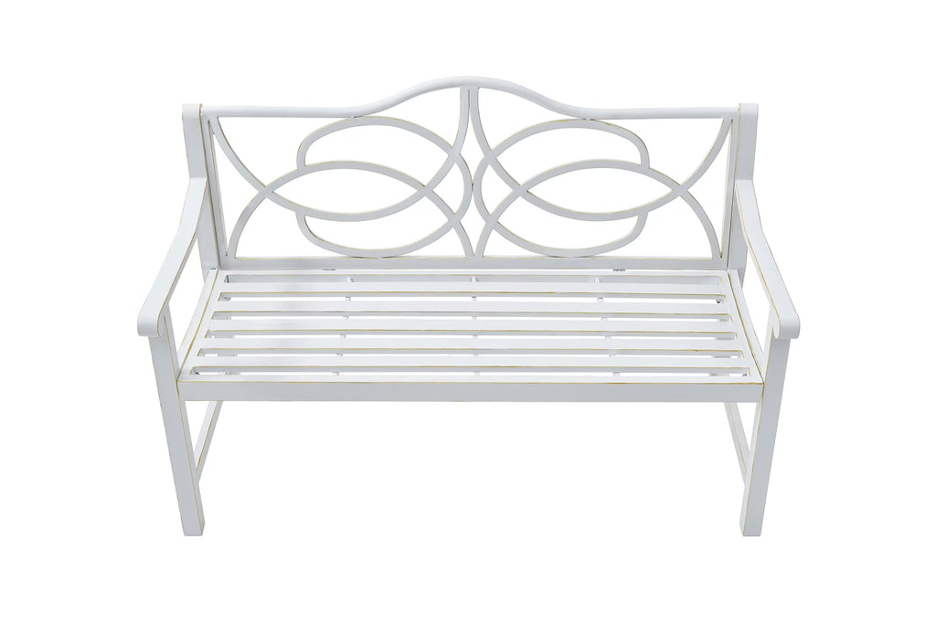 Royard Oaktree Outdoor Patio Bench, Garden Bench with Iron Metal Steel Frame, Backrest, and Armrests, Park Bench with Slatted Seat for 2-3 People for Lawn, Yard, Balcony, Porch, White